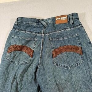 Y2K Evolution Blue Denim Baggy Shorts Skater Streetwear Embroidered 36